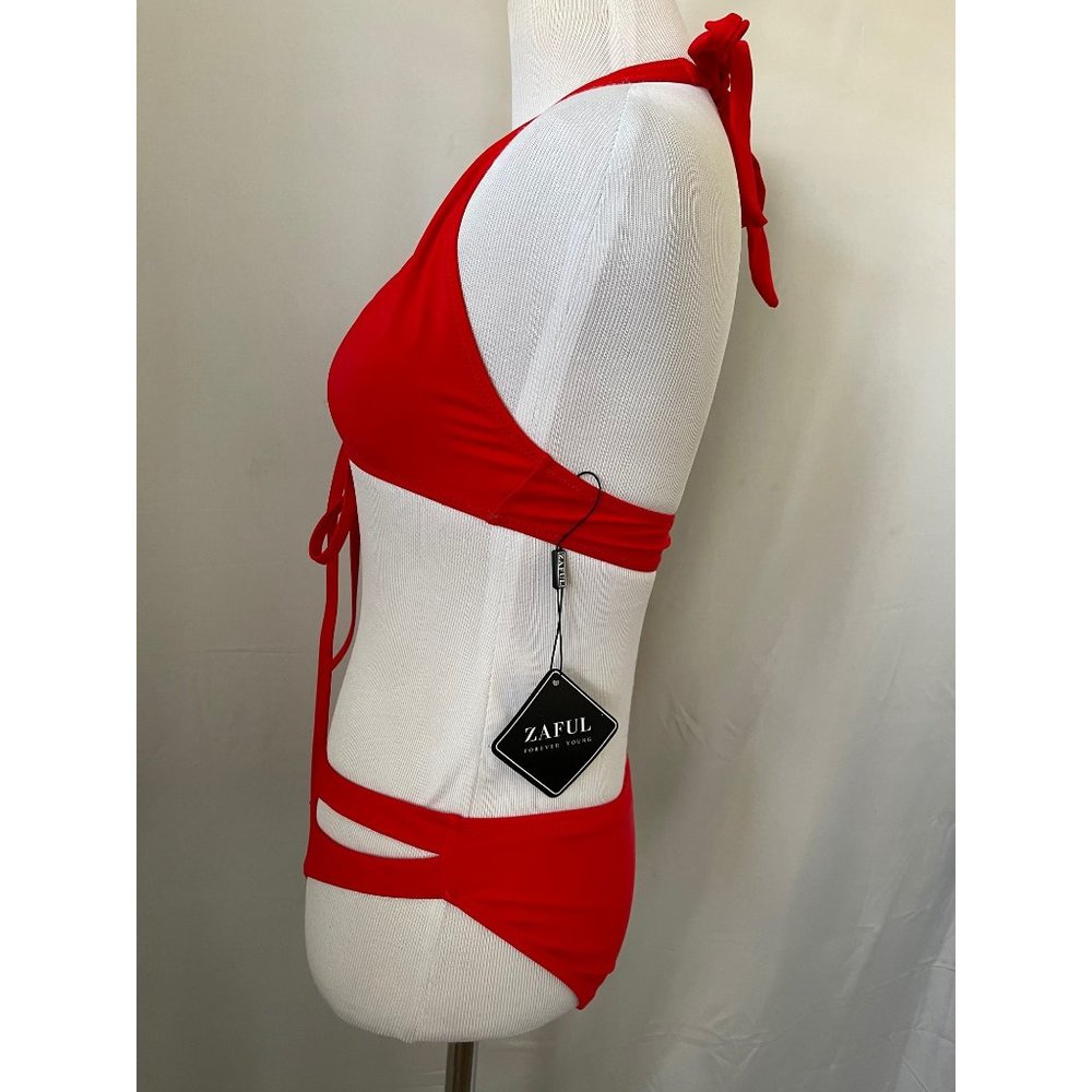 ZAFUL Red Tie Front Bikini Top w/ Matching Peek-a-Boo Racing Style Bikini Bottom - Picture 6 of 12